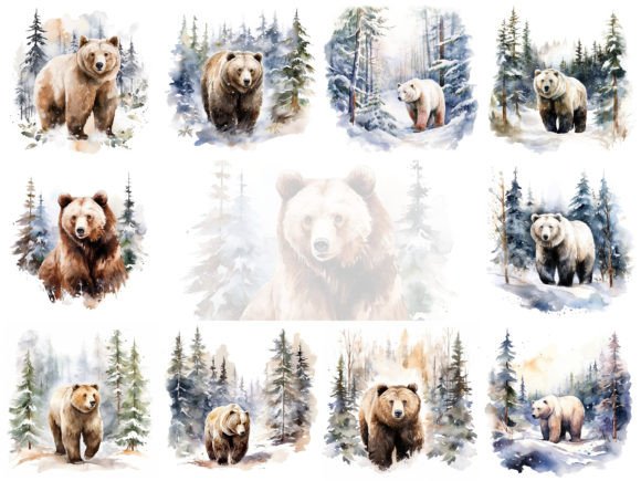 Bear in Winter Watercolor Clipart Bundle Illustrations