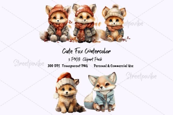 Cute Fox Watercolor Clipart PNG Pack Illustrations