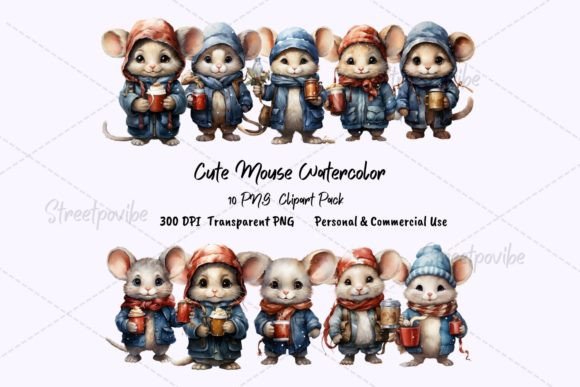 Cute Mouse Watercolor Clipart PNGs Pack Illustrations