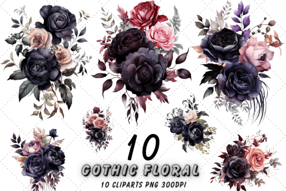 Dark Gothic Floral Watercolor Clipart Illustrations