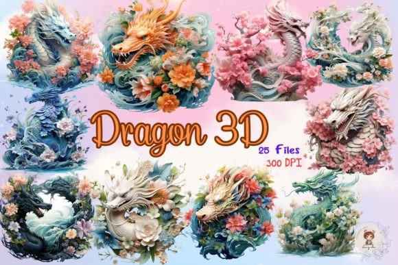 Dragon 3D Clipart Watercolor Illustrations for Branding