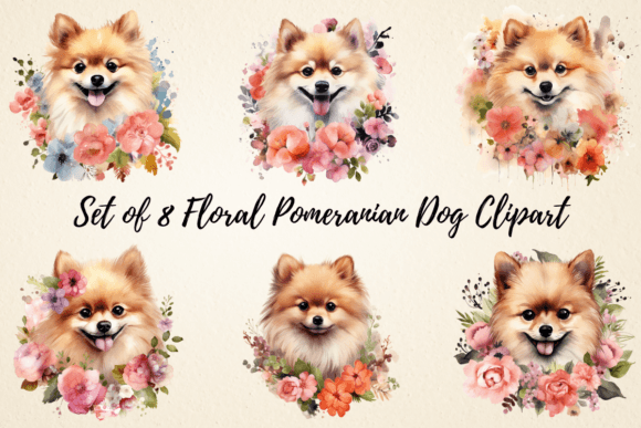 Floral Pomeranian Dog Watercolor Clipart Illustrations