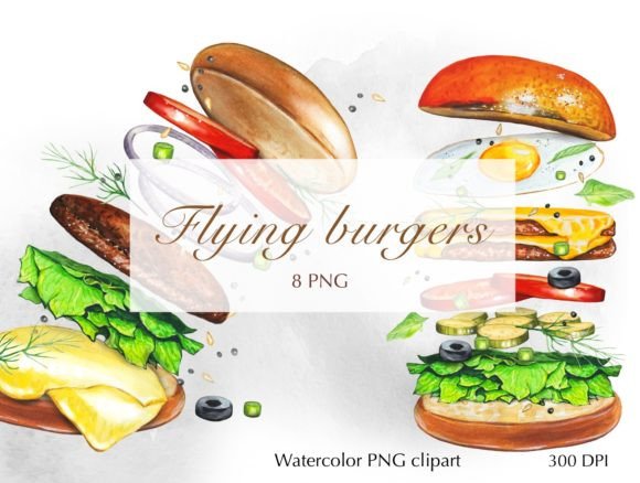 Flying Burgers Watercolor Illustrations for Crafters