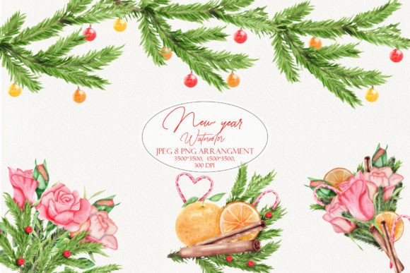 New Year Watercolor Arrangements: Illustrations for Sellers
