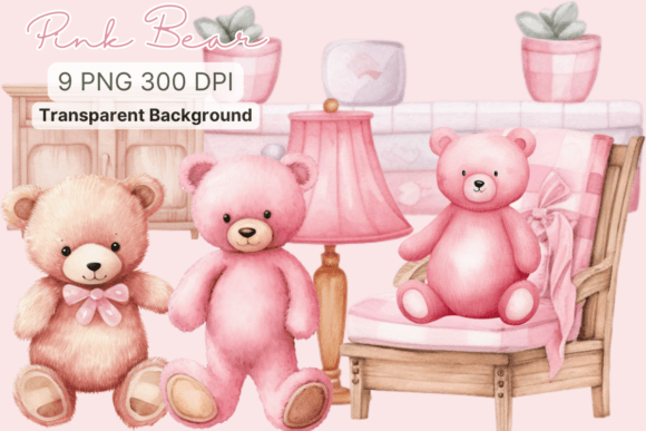 Pink Bear Watercolor Clipart for Brand Illustrations