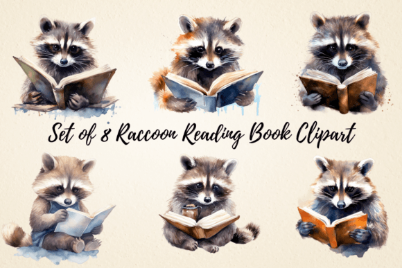 Raccoon Reading Book Watercolor Clipart Illustrations