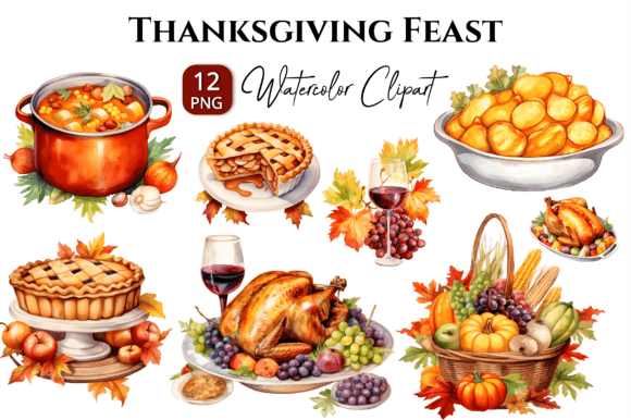 Thanksgiving Feast Watercolor Clipart Illustrations