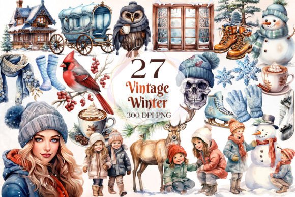 Vintage Winter Watercolor Clipart Bundle Illustrations