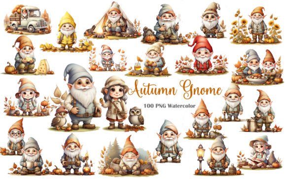 Watercolor Autumn Gnome Clipart Bundle Illustrations