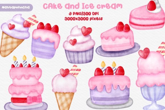 Watercolor Cake & Ice Cream Illustrations