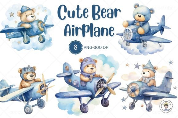 Watercolor Cute Bear Airplane Blue Theme Illustrations