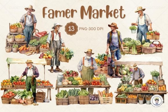 Watercolor Farmer Market Clipart: Editorial Illustrations