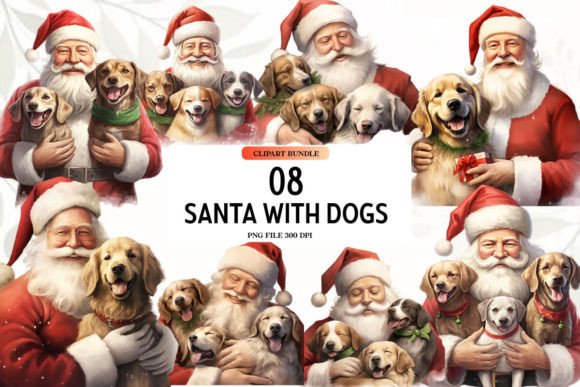 Watercolor Santa Claus with Dogs Clipart Illustrations
