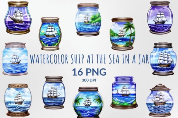 Watercolor Ship at the Sea in a Jar Illustrations