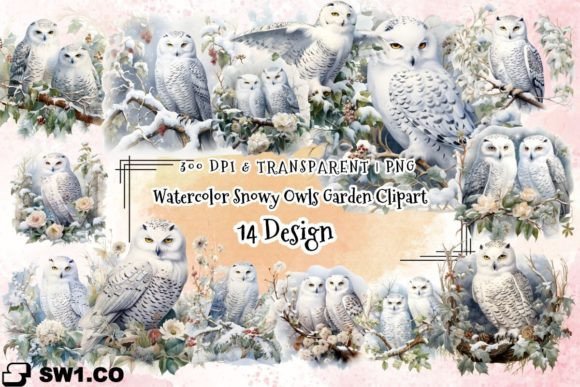Watercolor Snowy Owls Garden Clipart Illustrations