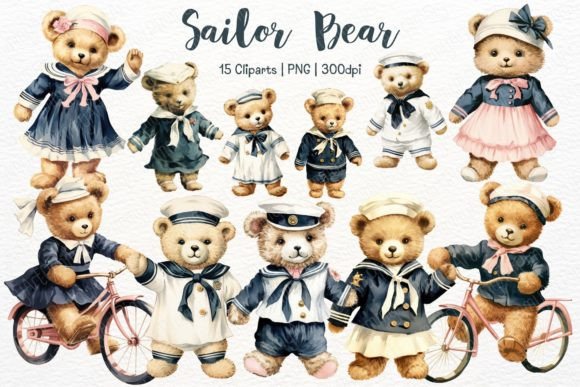 Watercolor Teddy Bear Sailor Clipart for Illustrations