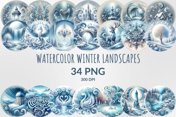 Watercolor Winter Landscapes Sublimation Illustrations